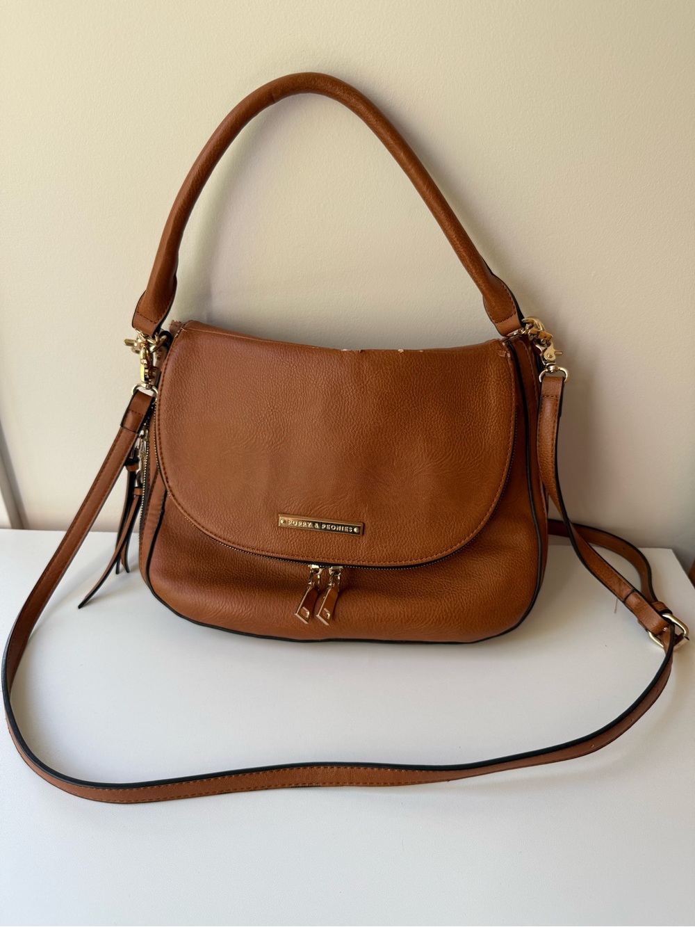 Poppy & Peonies Cognac Leather Shoulder Bag with Gold Hardware